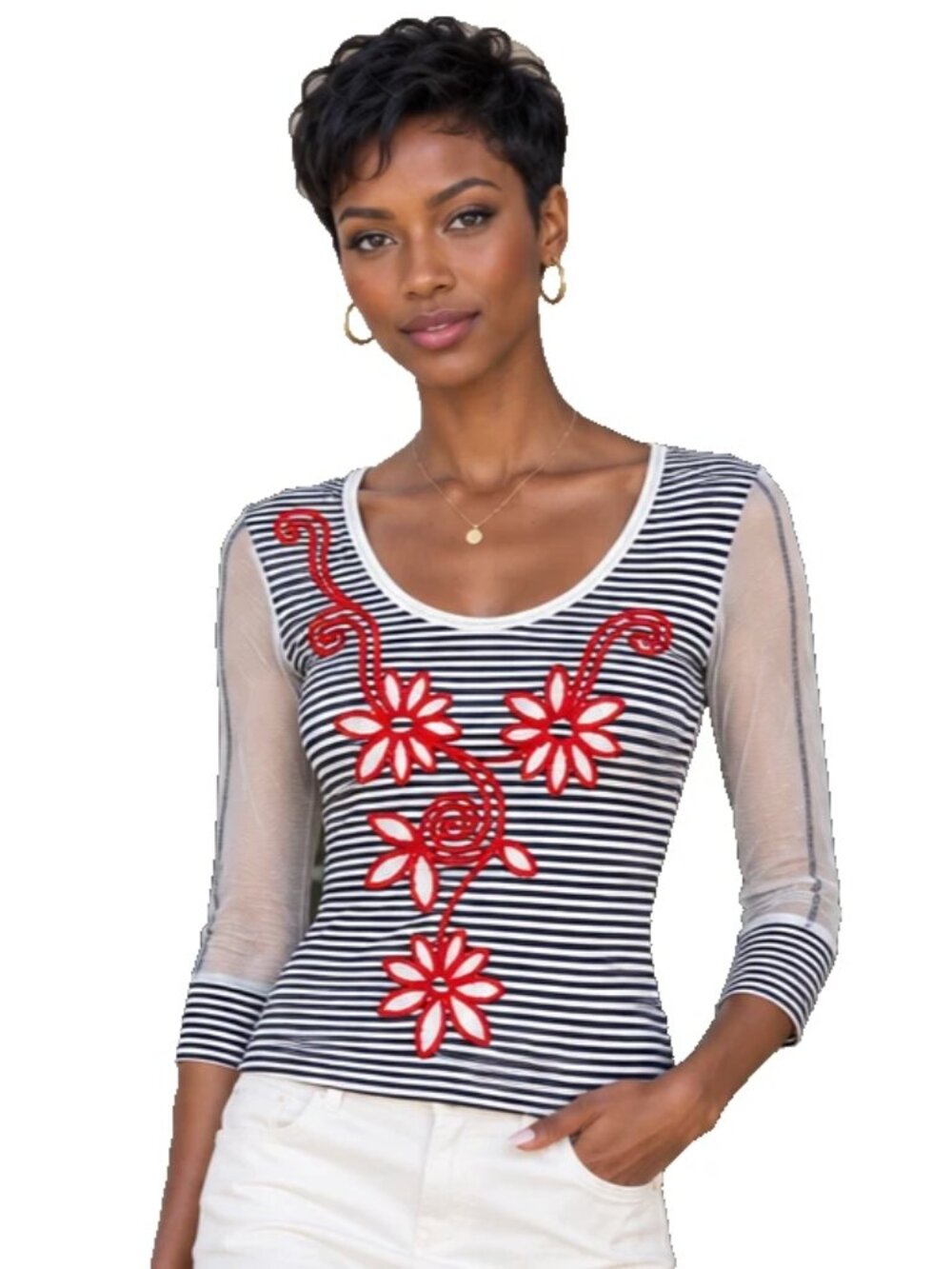 Save the Queen Striped Embroidered 3/4 Mesh Sleeve Top Blouse Sz M Medium Italy